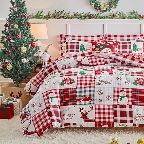 Joyreap 6 Piece Bed in a Bag Twin, Christmas Patchwork Black n Red Plaid Xmas Comforter Sheet Set, All Season Microfiber Holiday Theme Bedding Comforter Set