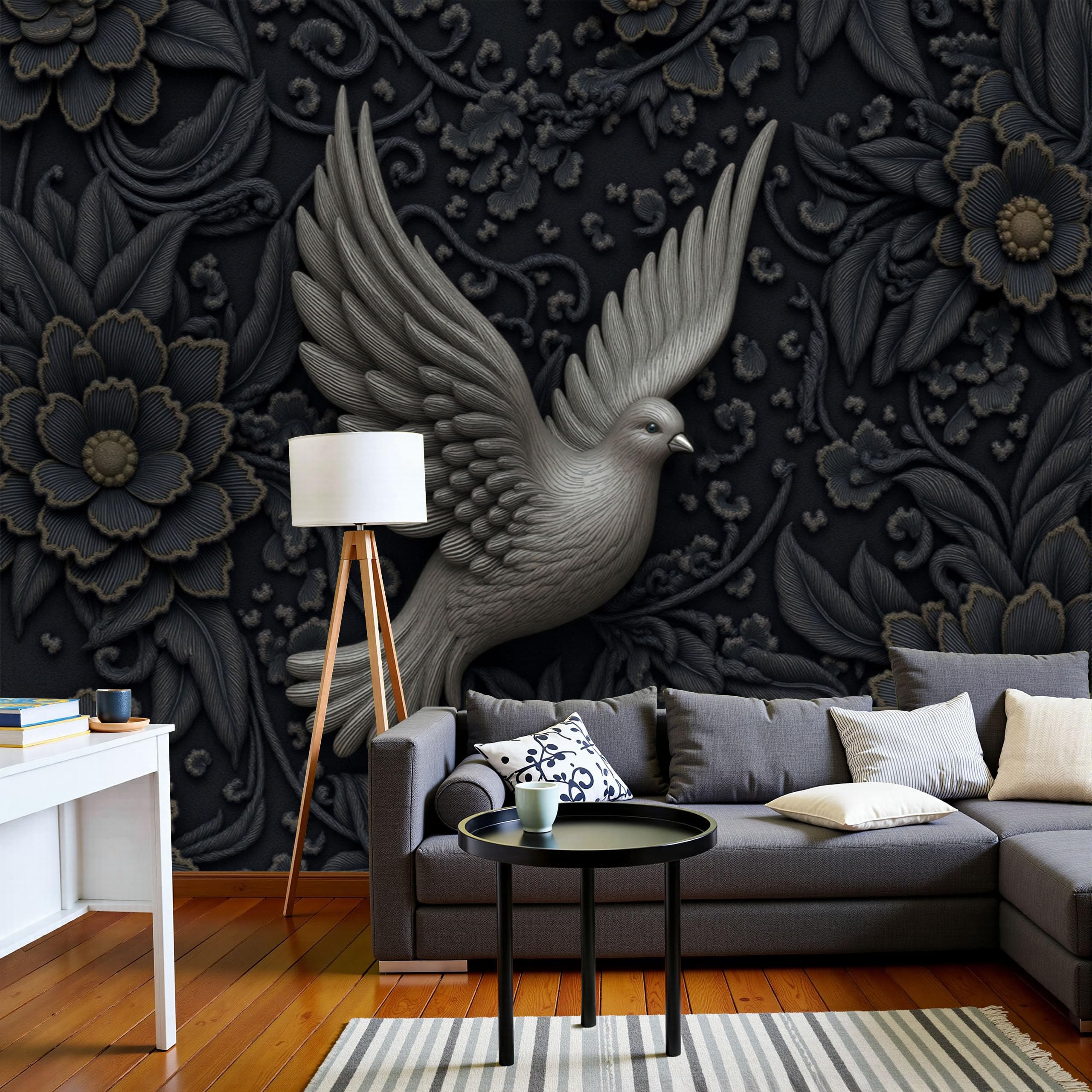 Papier peint panoramique relief 3D pour sublimer le mur noir du salon