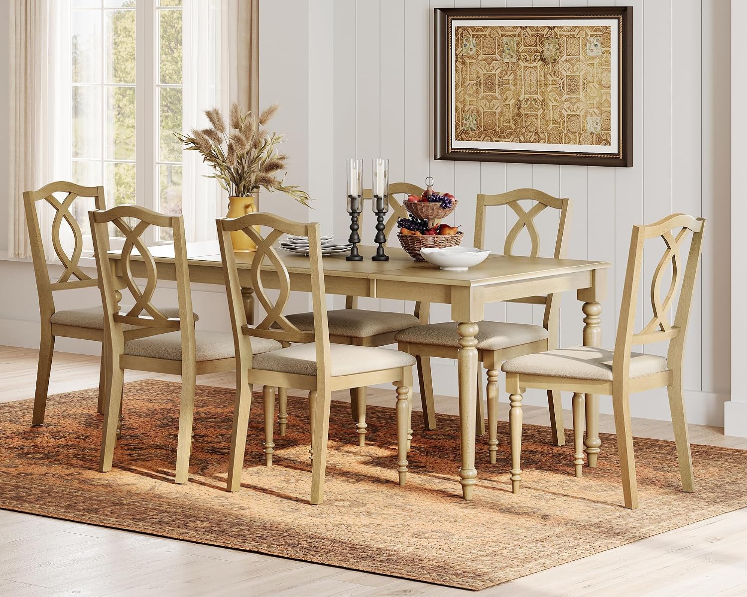 WAMPAT Dining Chairs Set of 6 Upholstered Chairs, Wood Dining Chair with Cross-Back & Rubber Wood Gourd-Shaped Leg, Farmhouse Kitchen Chair for Dining Room, Oak