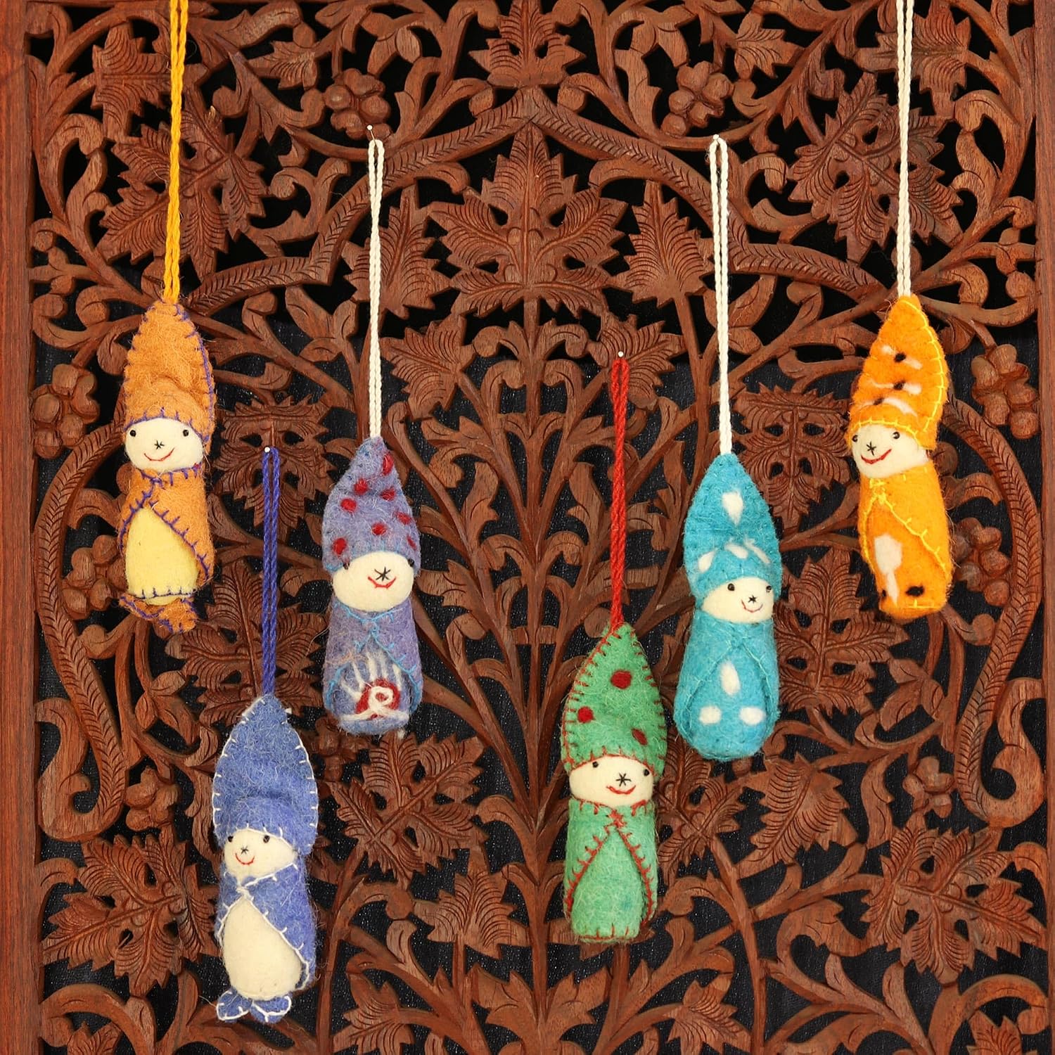 NOVICA Handmade Felted Wool Hanging Holiday Elf Ornaments, 'Babes in Snowsuits' (Set of 6)
