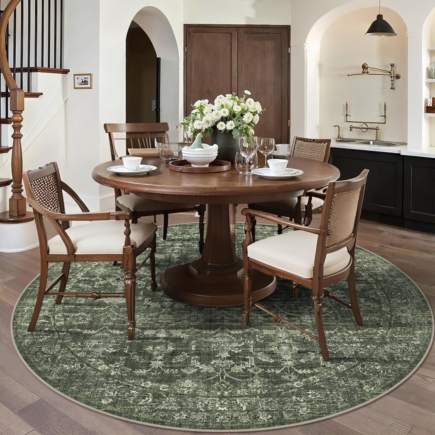 6ft round washable area rugs for living room, vintage boho large rug for bedroom dining room office, distressed floral print carpet for under table, soft non slip low pile throw indoor mat, green 6' (round) dark green