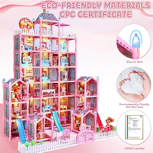 Miniatura 10 de Casa de muñecas de 13 habitaciones para niñas, juguetes de casa de juegos de bricolaje con figuras de muñecas, cachorros, muebles, accesorios que