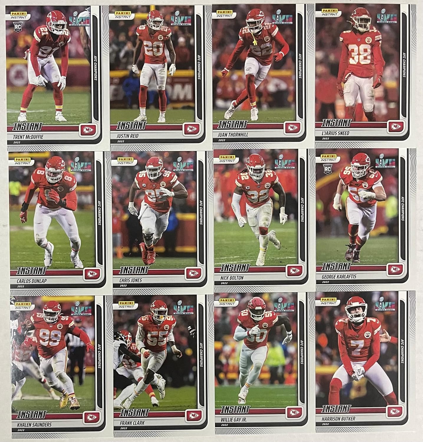 2022 Panini Instant AFC Champions Kansas City Chiefs Team Set -24 Total Cards including Patrick Mahomes, Isiah Pacheco, McKinnon, JuJu Smith-Schuster, Valdes-Scantling, Skyy Moore , Travis Kelce, Orlando Brown, Joe Thuney, Creed Humphrey, Trey Smith, Andrew Wylie, George Karlaftis, Khalen Saunders, Chris Jones, Frank Clark, Willie Gay ., Nick Bolton, Carlos Dunlap, Trent McDuffie RC, Reid, Thornhill, Sneed, and Harrison Butker -Football Trading Cards- Print Run of Only 423 Sets Made!