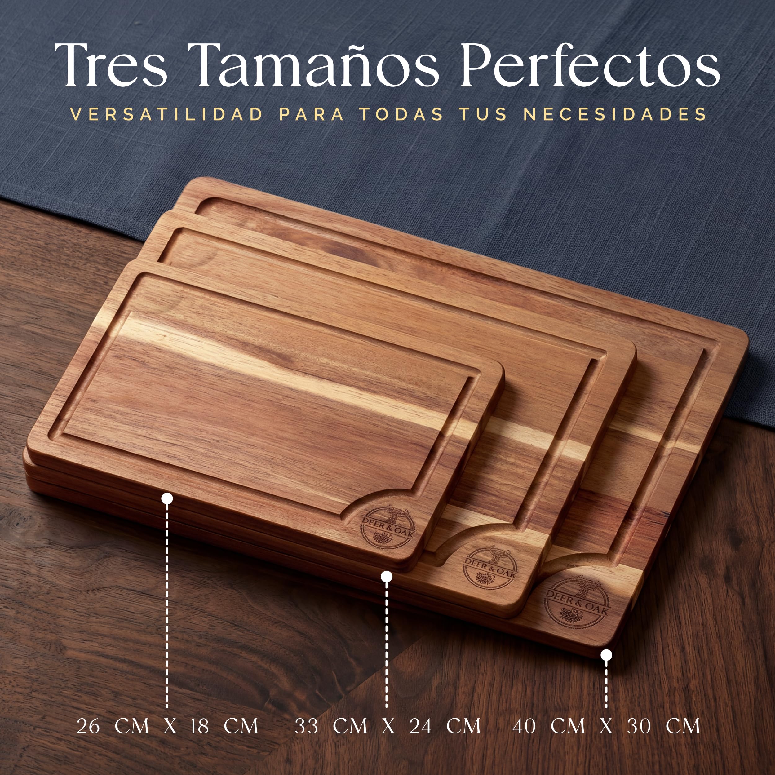 Juego de 3 tablas de cortar de acacia preengrasadas y no tóxicas con soporte, tablas de cortar de madera con certificación FSC, incluye aceite para tabla de cortar de 100 ml, 3 tablas de tallado de