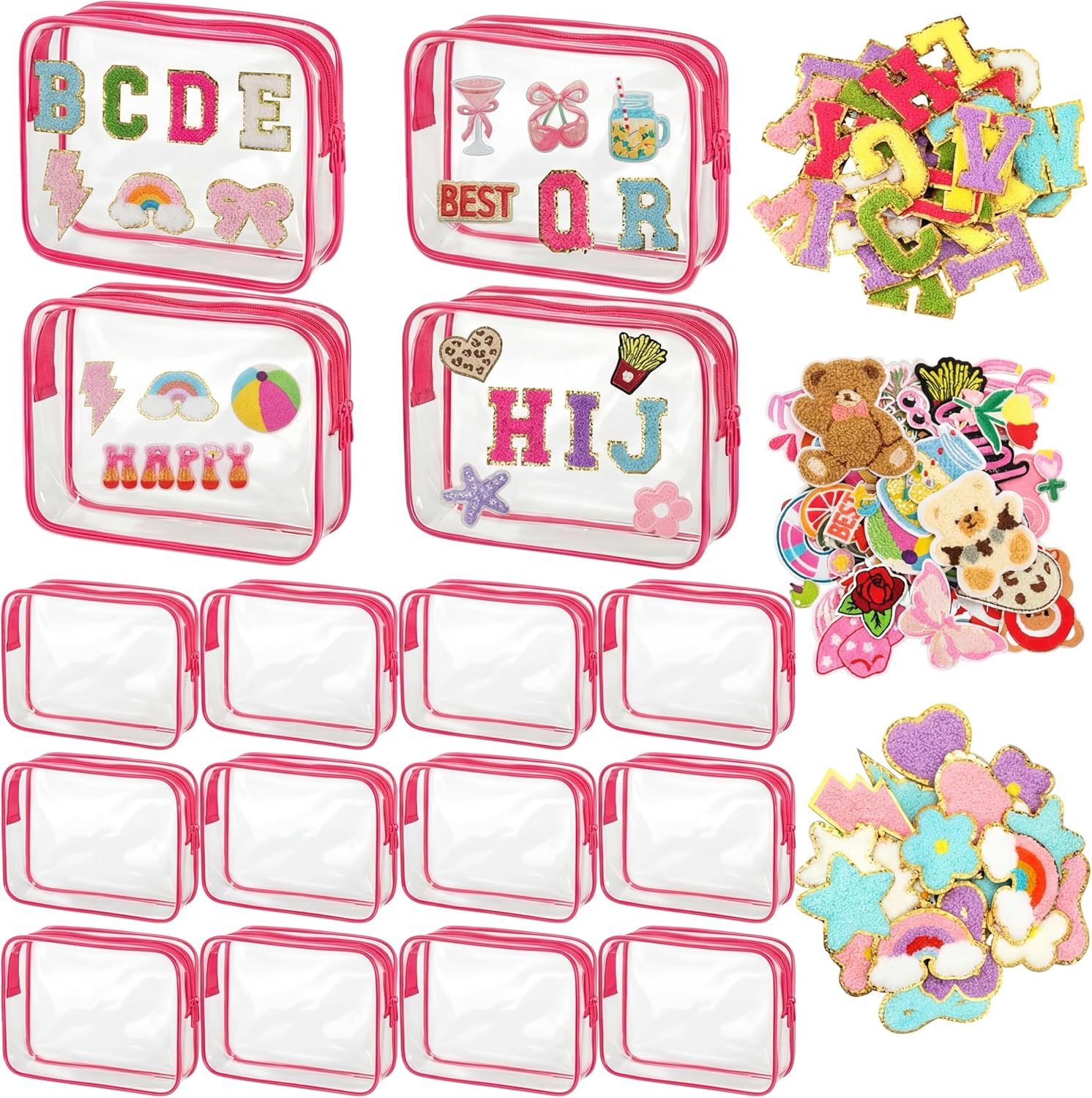 Meanplan 12 Pack DIY Sublimation Clear Makeup Bags Tea Party Favors for Women with 119pcs Embroidered Patches Creative Craft Clear Makeup Bags DIY for Birthday Bachelorette Party Craft