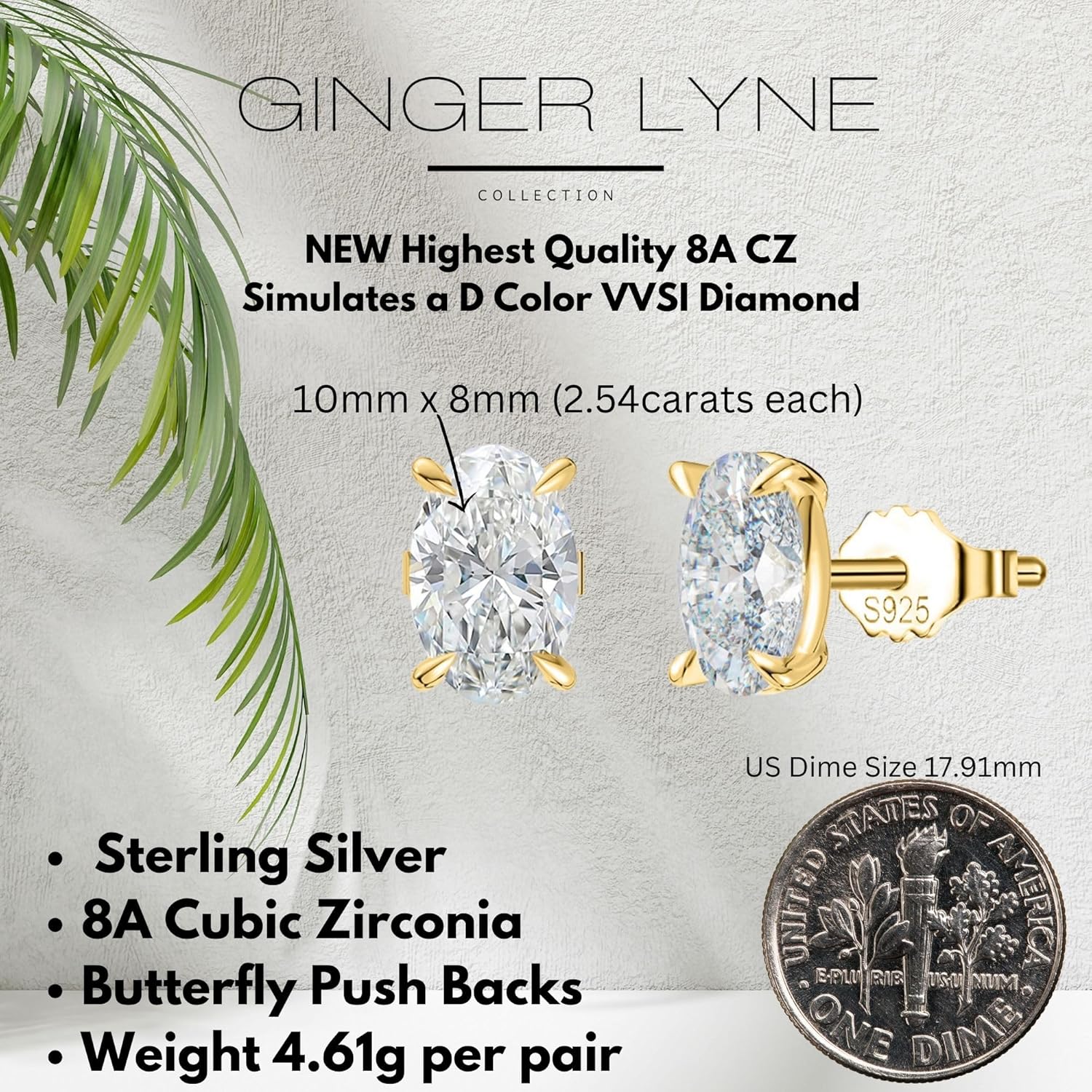 Faux Diamond Stud Earrings For Women 10mm Oval Cut 14k Gold Plated Sterling Silver 5ct Cubic Zirconia Earring Studs for Her by Ginger Lyne Pierced Jewelry For Her