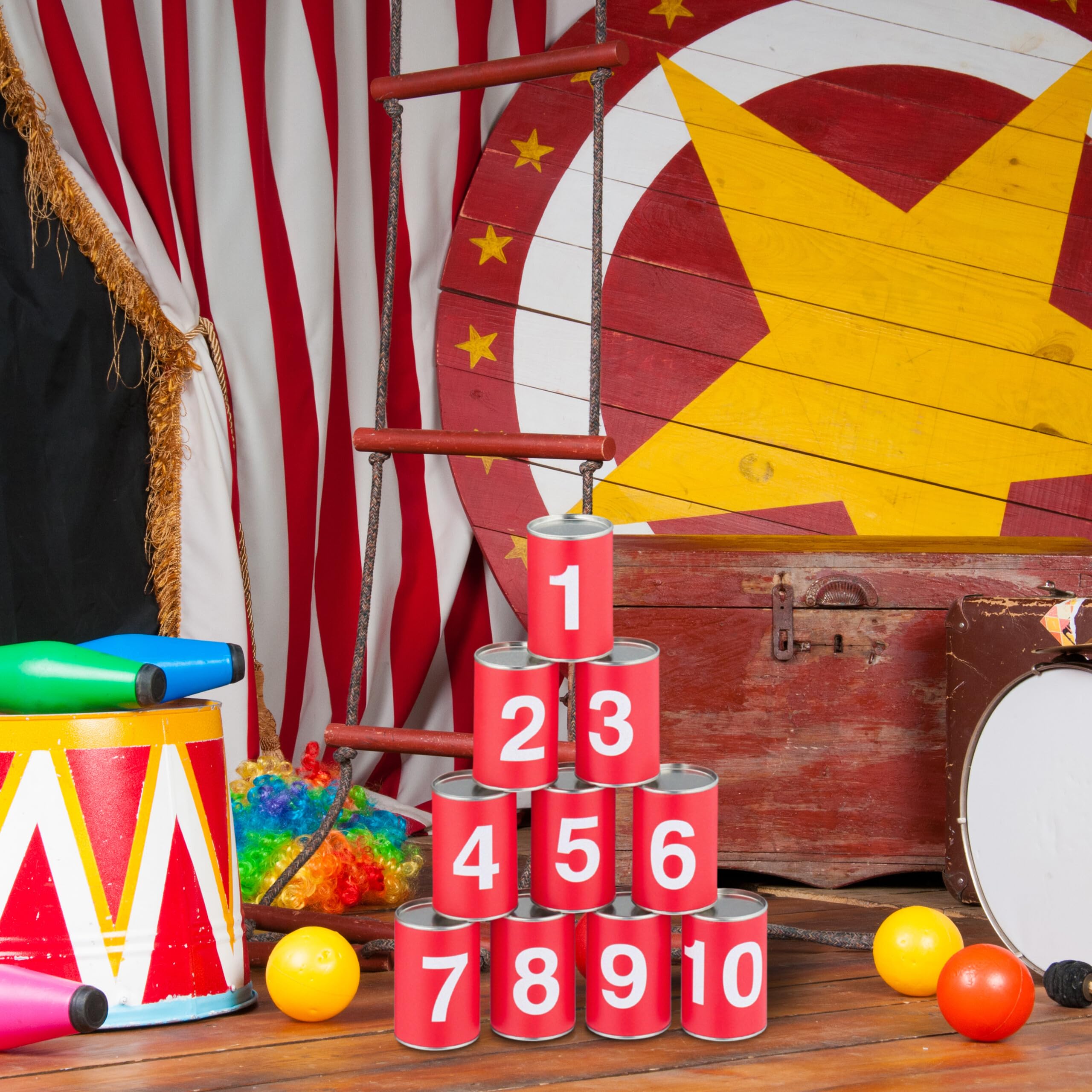 Relaxdays Tiro al Barattolo per Bambini, Giochi da Giardino, 10 Lattine e 3 Sacchi, per Feste di Compleanno, Rosso