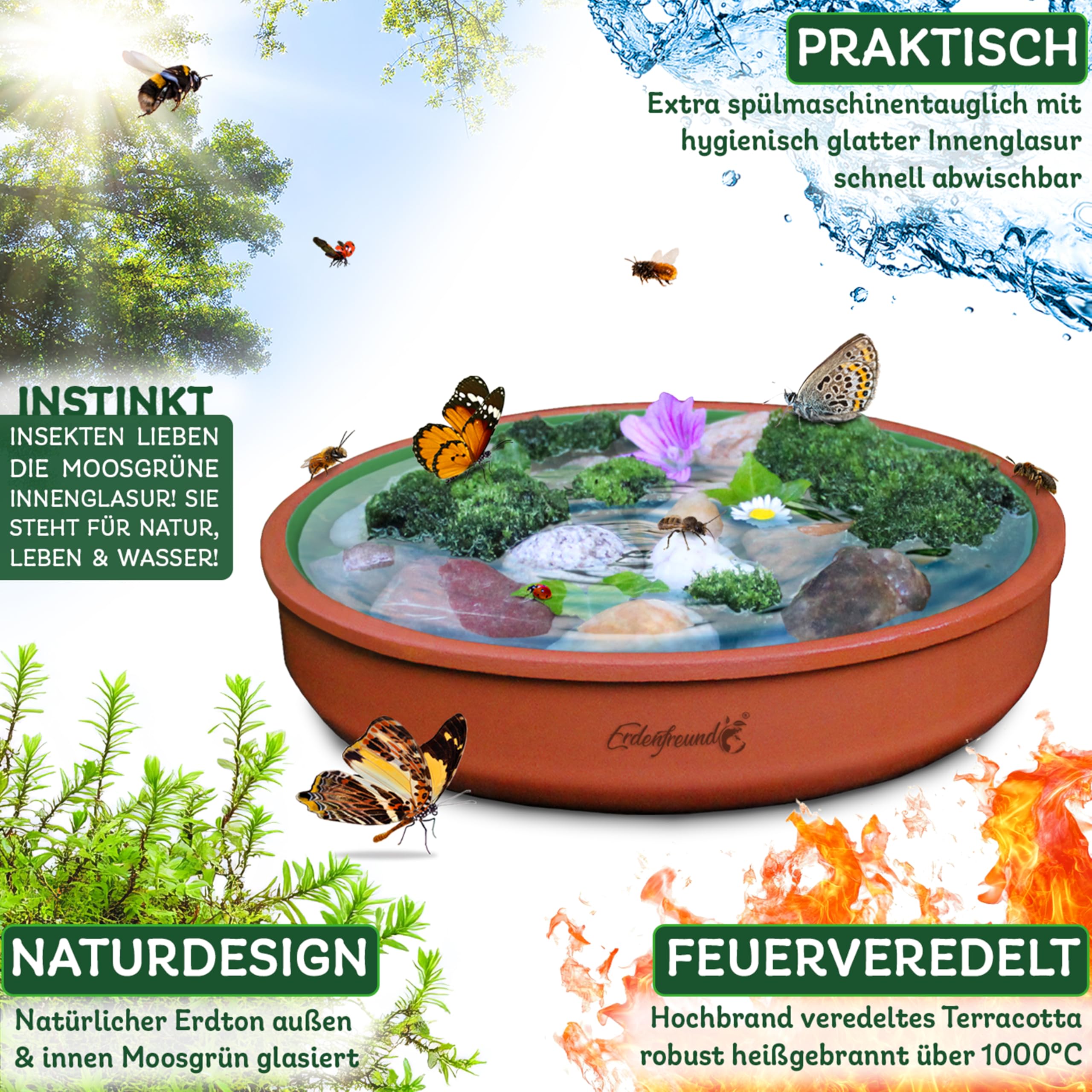 ERDENFREUND® Bienentränke Keramik + Dekosteine >1000°C feuerveredelte Insektentränke Keramik mit Innenglasur moosgrün hygienisch spülmaschinentauglich (Ø23cm Bienentränke inkl. Dekosteinen)