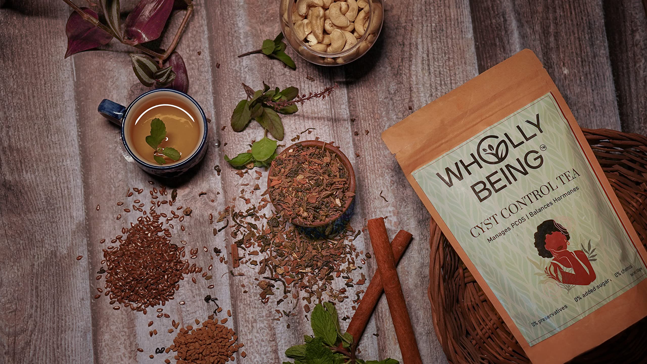Wholly Being - Cyst Control Tea for managing PCOS & balancing hormones 100g with Gokshura, Spearmint, Chasteberry, Ashwagandha, Fenugreek seeds for regular periods, face hair, acne 1