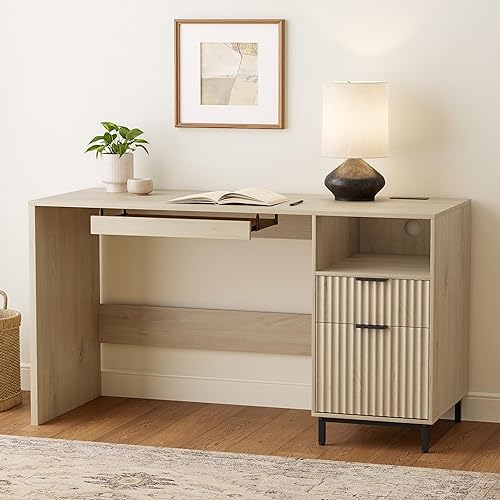 Escritorio ejecutivo estriado, escritorio de oficina en casa de madera moderna de 55 pulgadas con estación de carga, cajón de archivos,