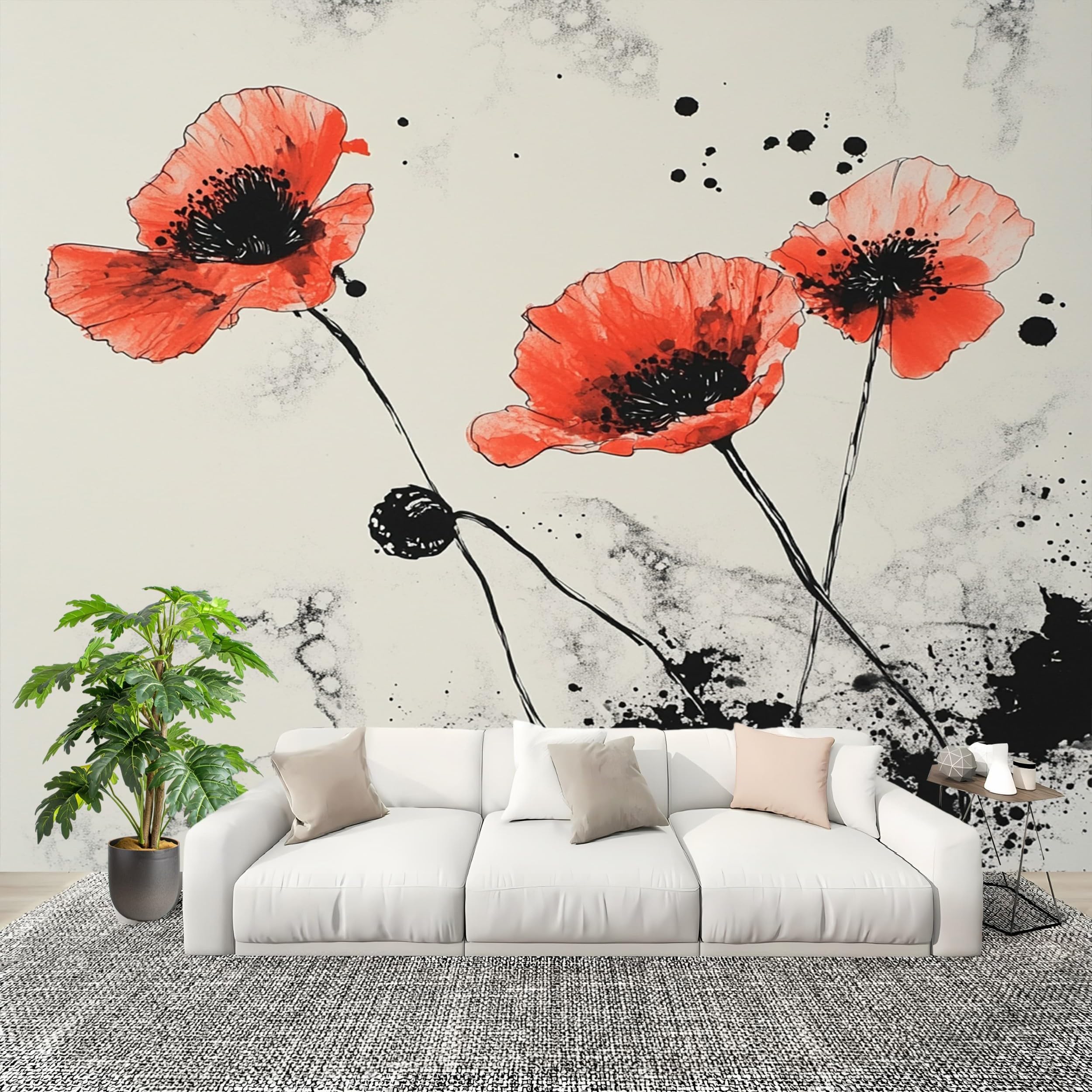 Papier peint panoramique 400x280 fleurs coquelicot pour deco murale salon chambre