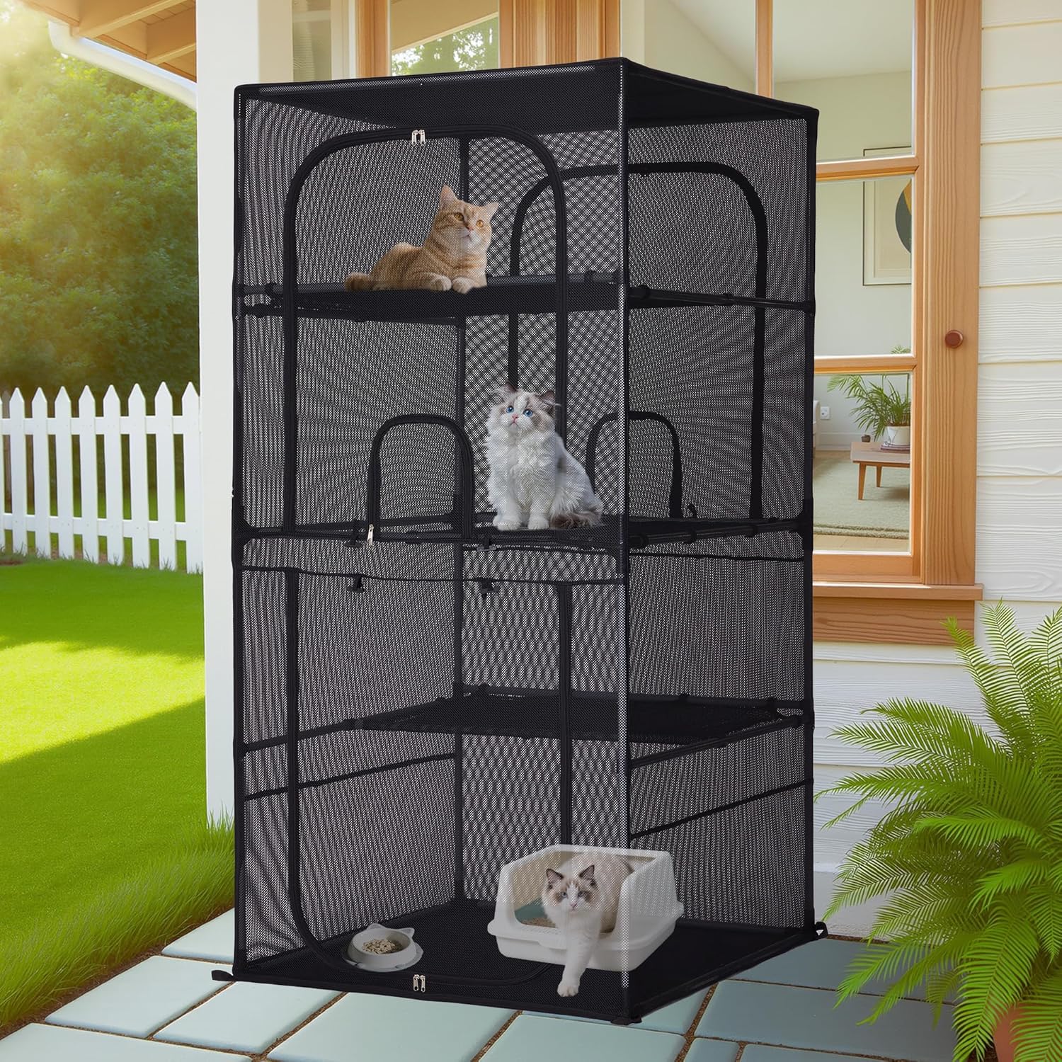 Catio Outdoor Cat Enclosure Window 61.4" H Large Cat Cage with Perches 4 Tiers Cat Patio Playpen Kitten Kennel for Multiple Indoor Cats
