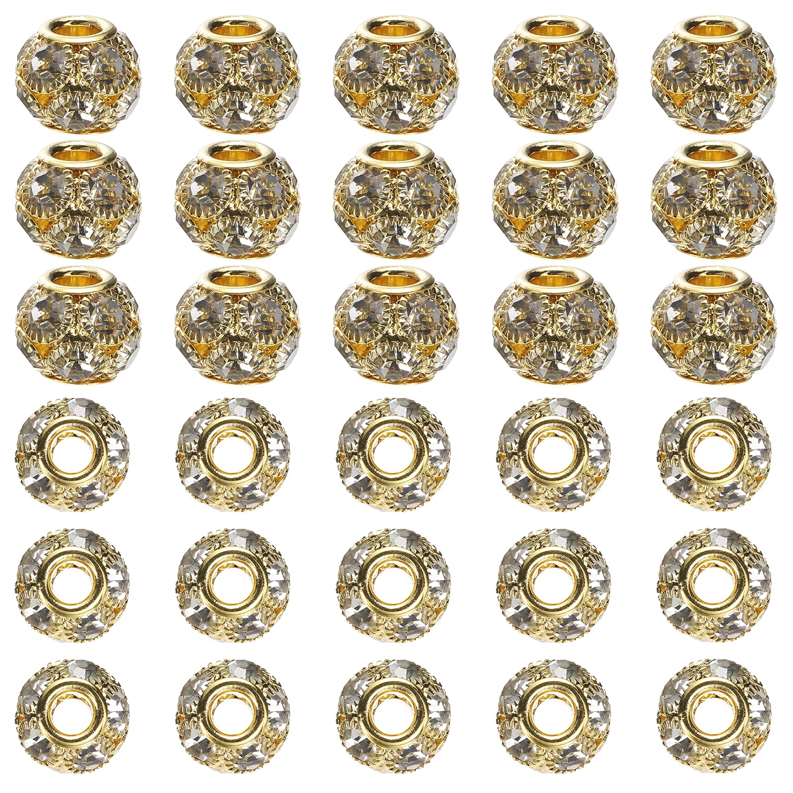 sourcing map 30Pcs Rhinestone Rondelle Spacer Beads, 14mm European Crystal Charm Craft Bead for Bracelet Making Necklace DIY Craft, Gold