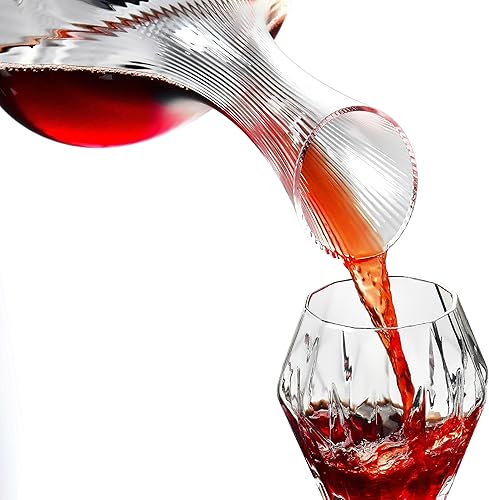 Miniatura 4 de Decantador de vino Jarra aireadora, Decantador de vino con diseño de rayas verticales, vidrio de cristal soplado a mano 100% sin plomo, aireador de