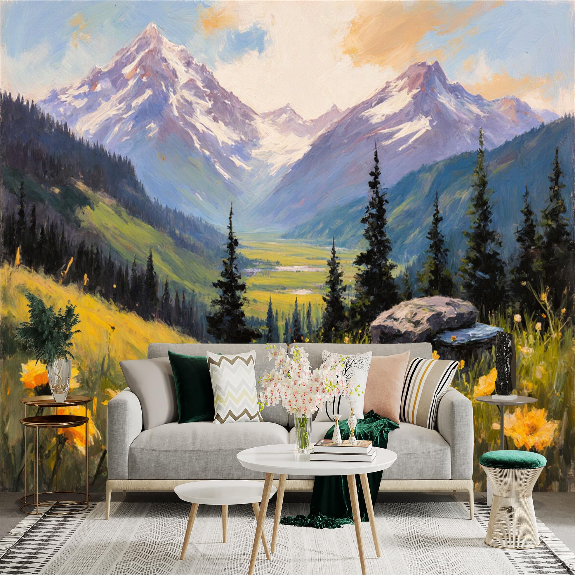Custom Size Wall Sticker Mural， Snowy Mountain Landscape with Pine Trees and Yellow Wildflowers， for wall Decoration， peelandstick wall Decals.