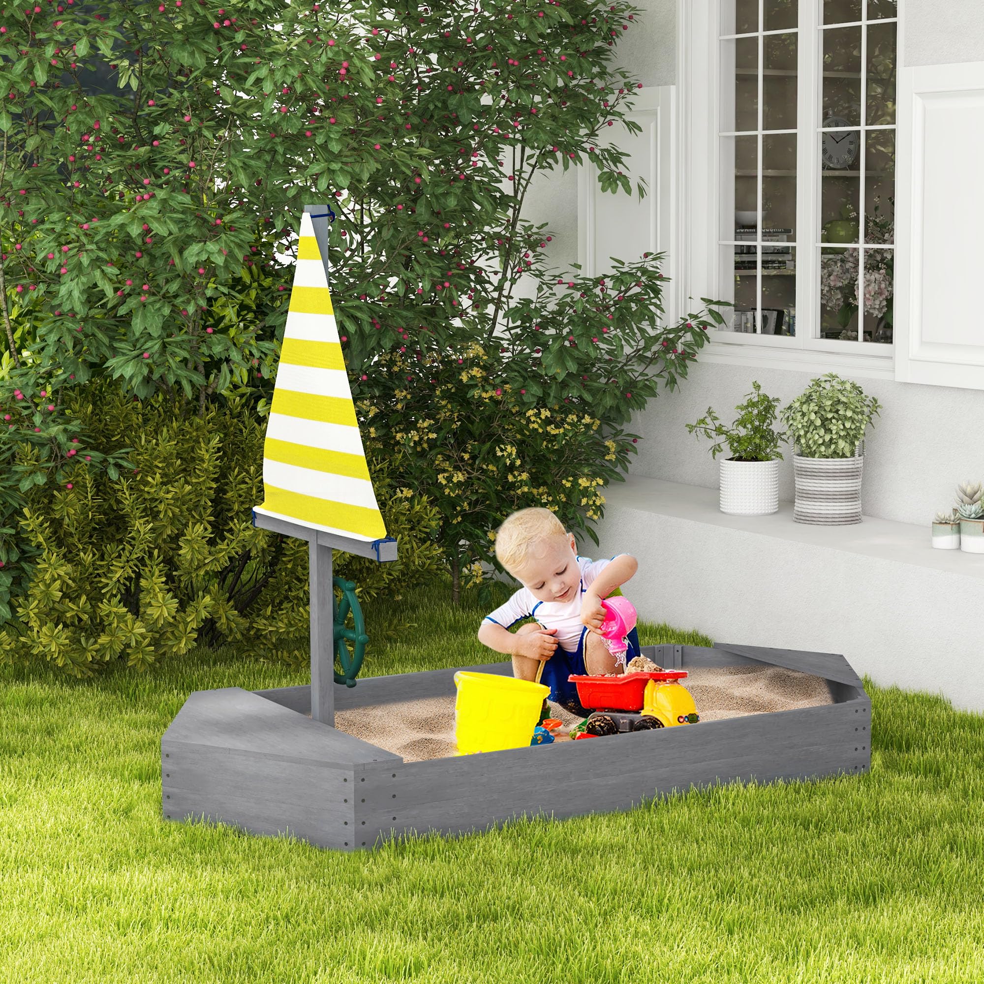 Outsunny Sabbiera per Bambini 3-8 Anni a forma di Barca senza Fondo, Sabbionaia in Legno di Abete e Poliestere, 190x90x138 cm, Multicolore
