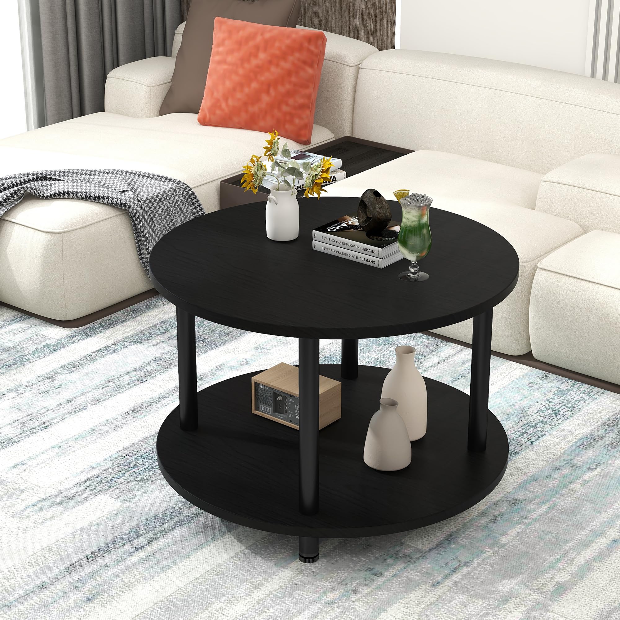 Mesa auxiliar redonda de 23.6 pulgadas, mesa auxiliar circular pequeña de 2 niveles con almacenamiento, mesa central moderna con marco de metal, mesa auxiliar para espacios pequeños, sala de 2