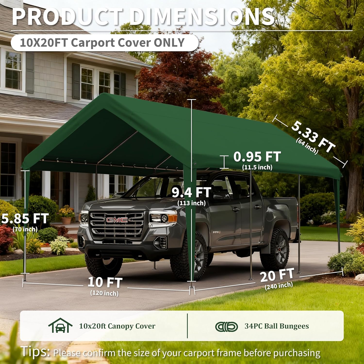 Carport Replacement Canopy Cover 10'x20' for Tent Top Garage Shelter Cover, 800D Heavy Duty Oxford Waterproof & UV Protected Car Canopy Tarp with Ball Bungees (Frame is not Included)