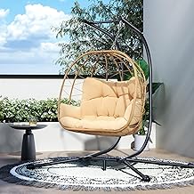 Pamapic 700 LBS Double Egg Chair Outdoor, UV Resistant Cushions Hanging Egg Chair with Armrests & Headrest, Thick Steel Frame Egg Swing Chair with Stand, for Relaxing & Reading Outside/Inside(Beige)