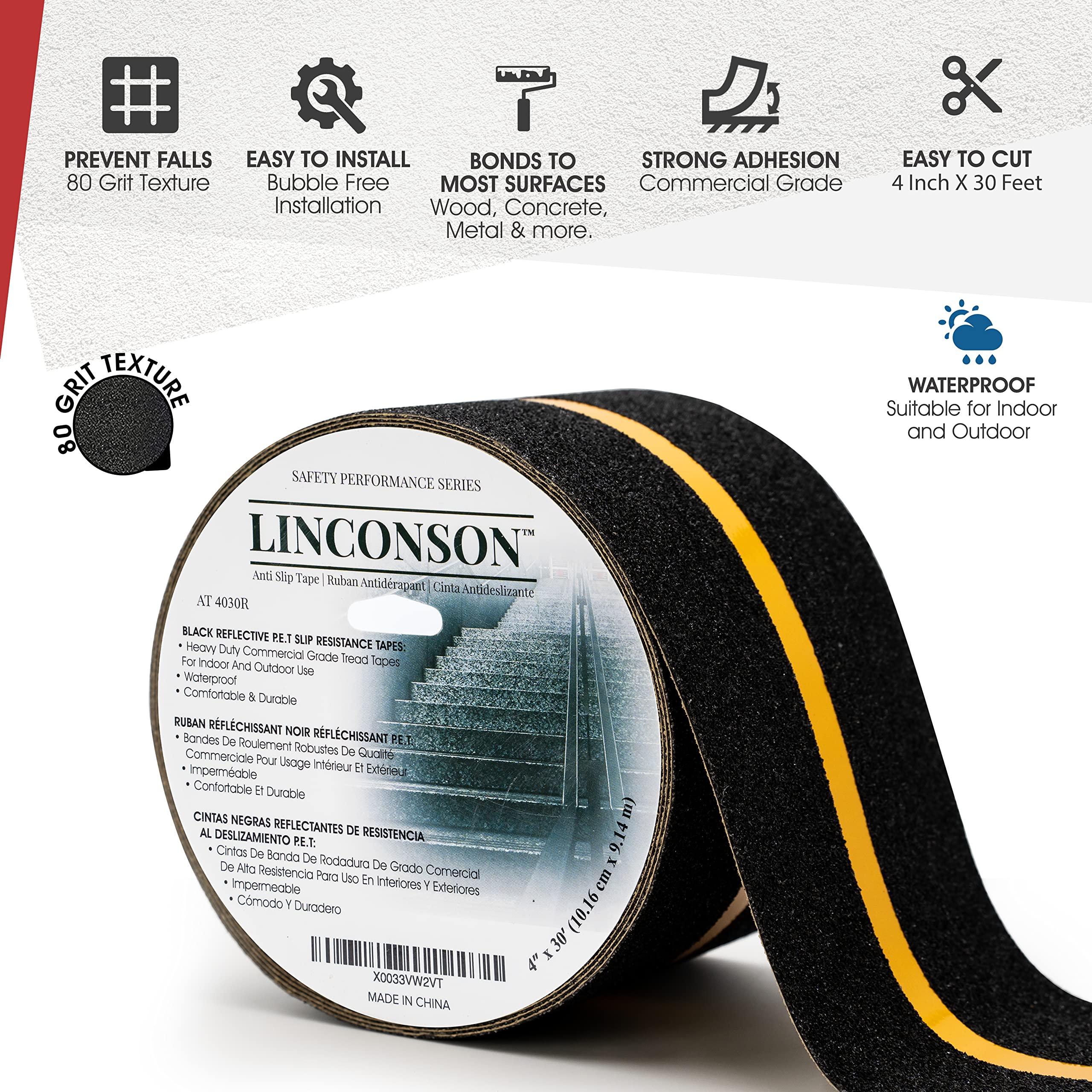 linconson 4 Inch x 30 Feet Reflective Anti Slip Grip Tape, Black Outdoor High Traction Non-Skid Tape with Adhesive Backing and Reflective Stripe