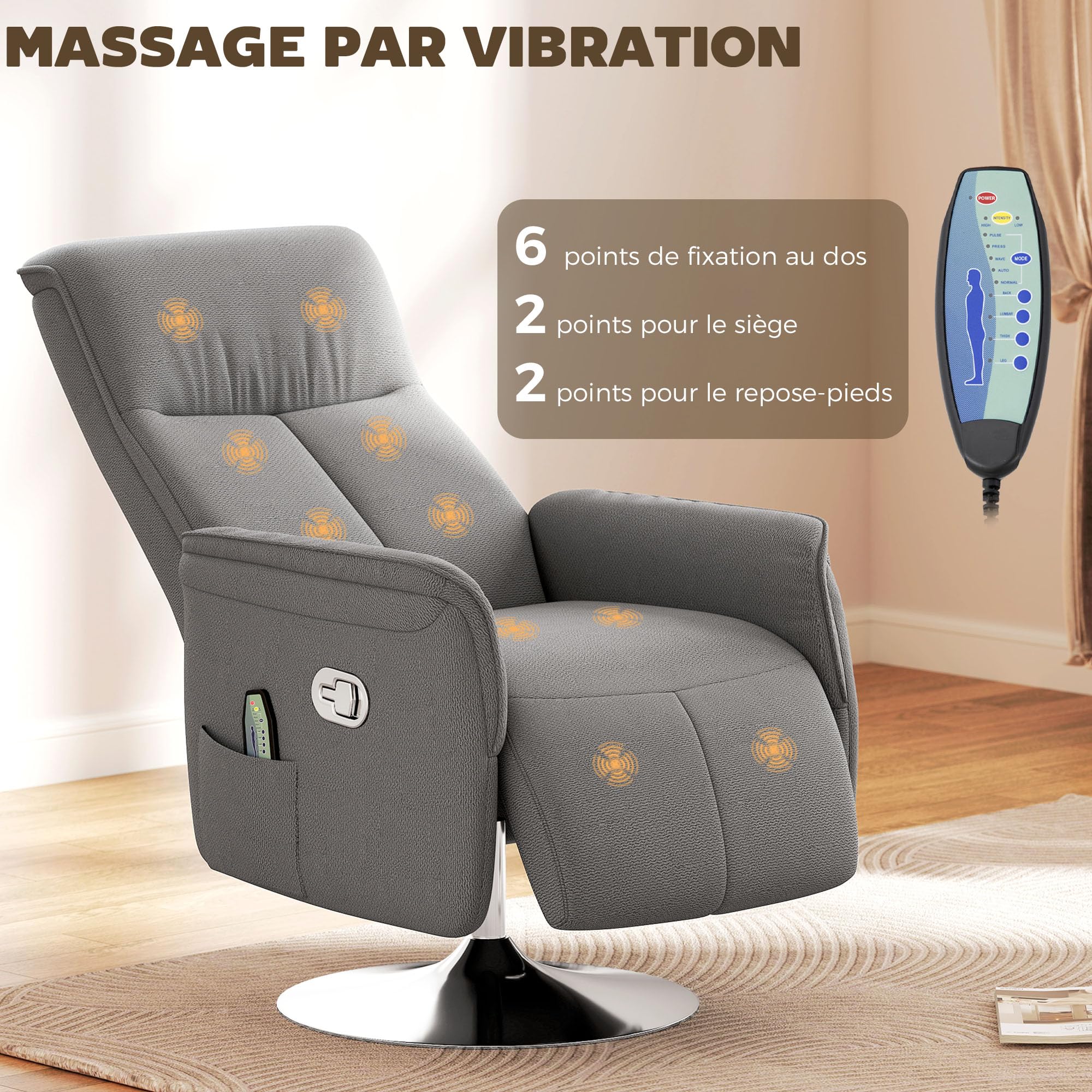 HOMCOM Fauteuil Relax massant, Fauteuil de Relaxation inclinable pivotant à 360°, Dossier et Repose-Pieds réglable, télécommande, Poche latérale, Tissu Aspect Lin, Chaise TV pour Salon Chambre, Gris