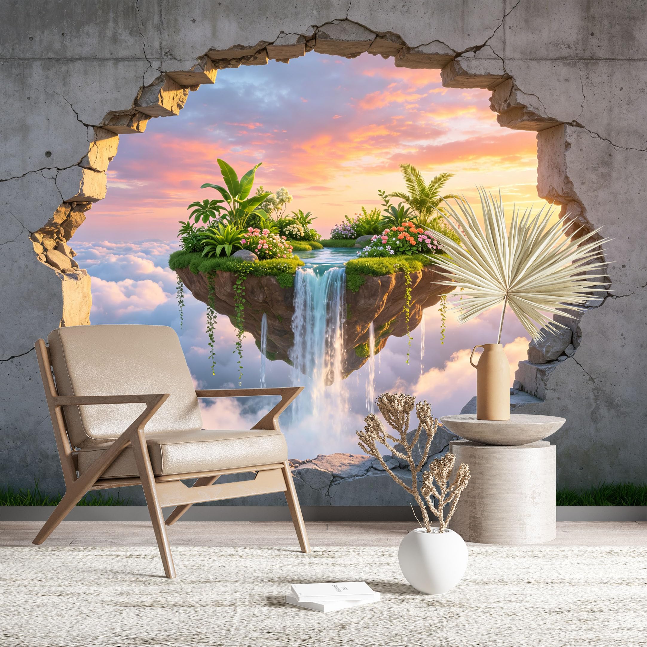 Custom Size Wall Murals Floating Waterfall Island Through Cracked Wall 3D Self-Adhesive Wall Fabric (NO PVC) Removable Wallpaper for Living Room