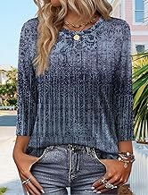 3/4 Length Sleeve Womens Tops Dressy Casual Blouses Crew Neck T Shirt Fashion Clothing Loose Fit