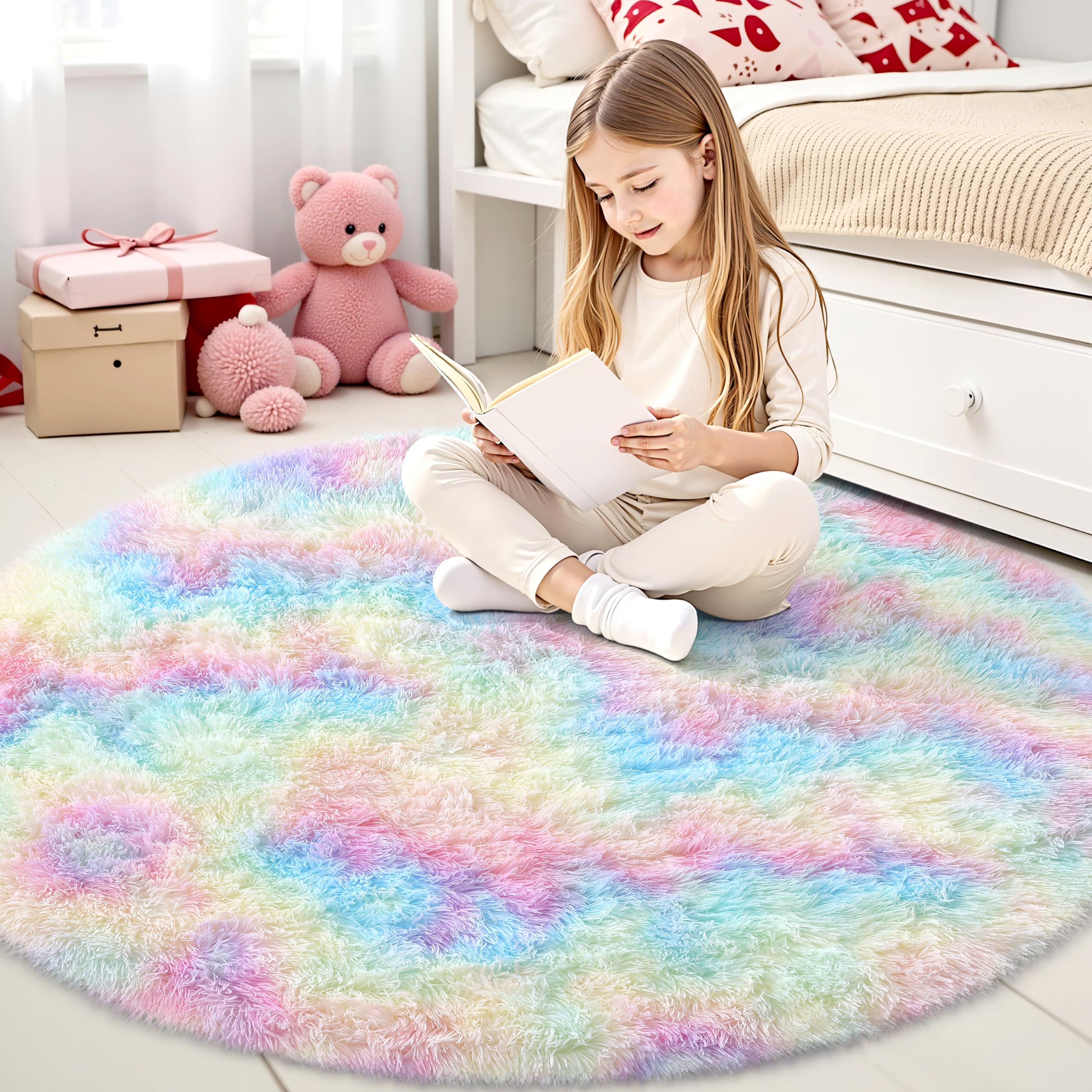 smiry Rugs Living Room 120x120cm, Area Rugs for Bedroom, Machine Washable Anti Slip Soft Fluffy Shaggy Tie-dye Floor Carpet for Kids Girls and Boys, Nursery Room, Rainbow