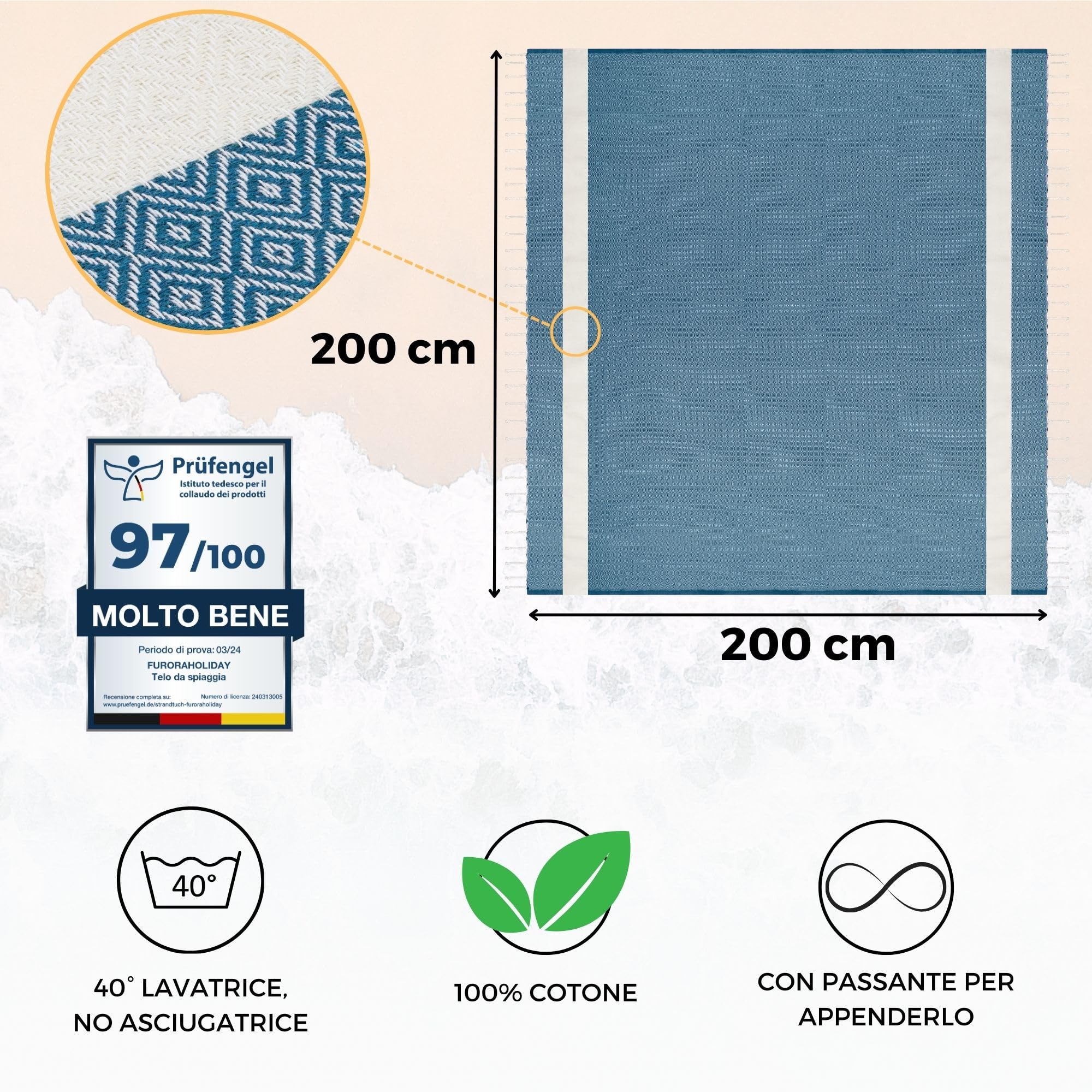 furora HOLIDAY Telo Mare Grande cotone 200x200 cm XXL GIGANTE | Telo Spiaggia antisabbia - Coperta Pic Nic - Pareo Asciugamano Mare spugna | Fouta Beach Towel lungo, frange angoli, Uomo Donna Ragazzi