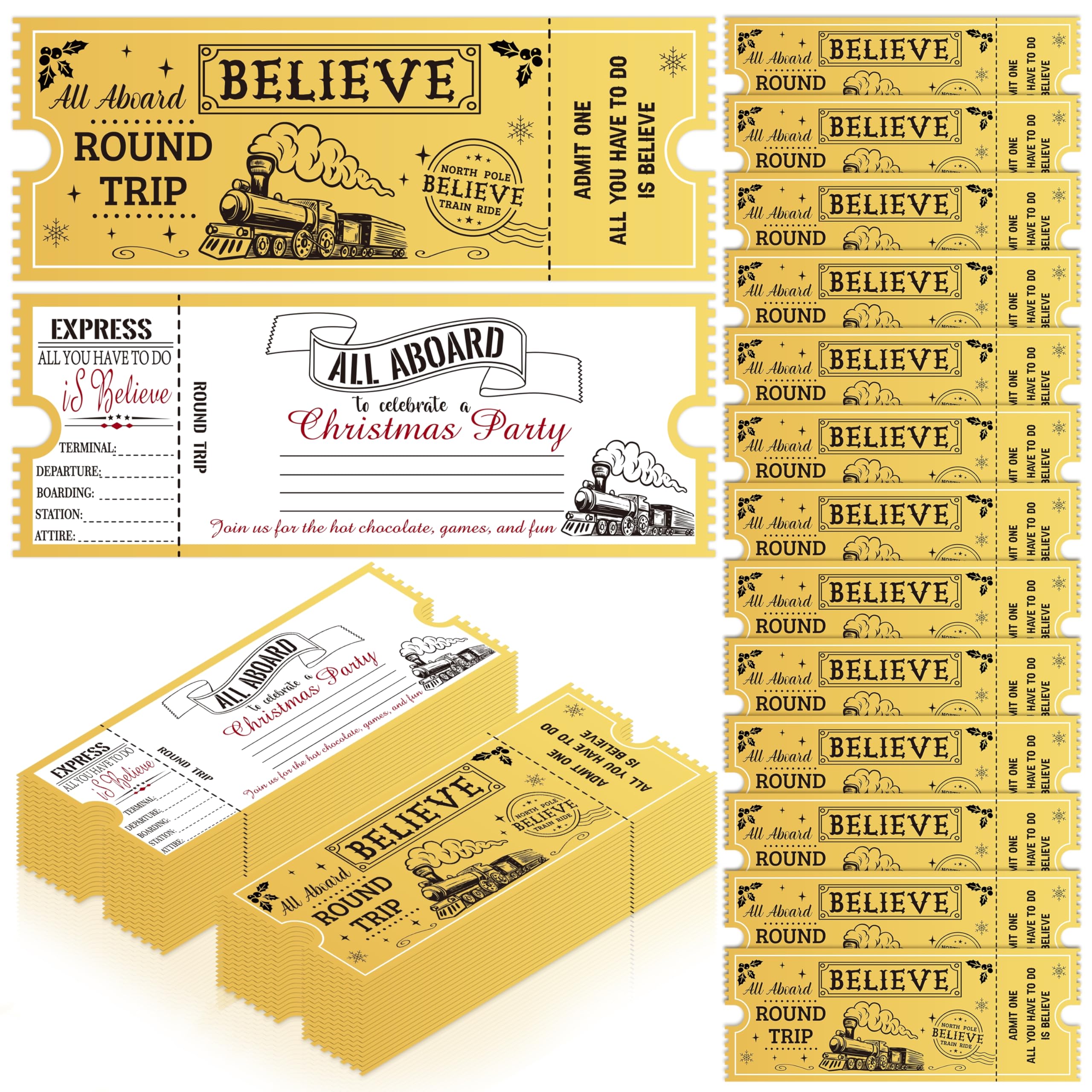 C1krint Christmas Polar Golden Tickets Bulk - 25Pcs North Pole Believe Train Ticket Gold Foil Stamping Writable Party Invitation Cards Gift Tags for Christmas Gift Xmas Holiday Party Favor Decoration