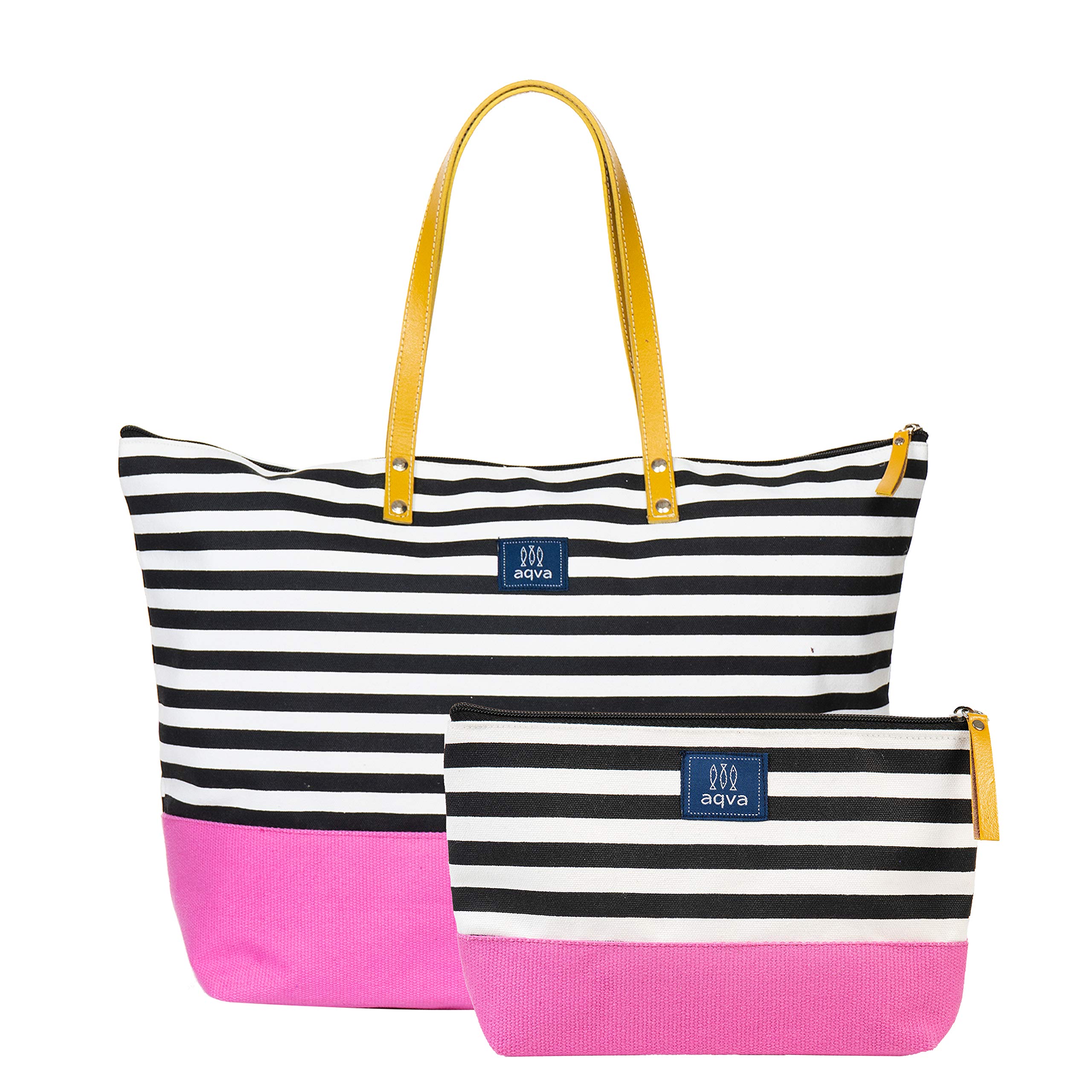 AQVA Striped Cotton Canvas Tote Bag with Matching Pouch for Women | Leather Handles | Large Capacity | Stylish Multipurpose Handbag with Zipper | Shoulder Bag for Laptop,Office & Travel (Fuchsia Pink) (B08Y6VRMC3) Amazon Price History, Amazon Price Tracker