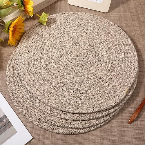 Miniatura 4 de Juego de 6 manteles individuales redondos tejidos con cuerda de algodón, antideslizantes, resistentes al calor, manteles individuales rústicos de 12