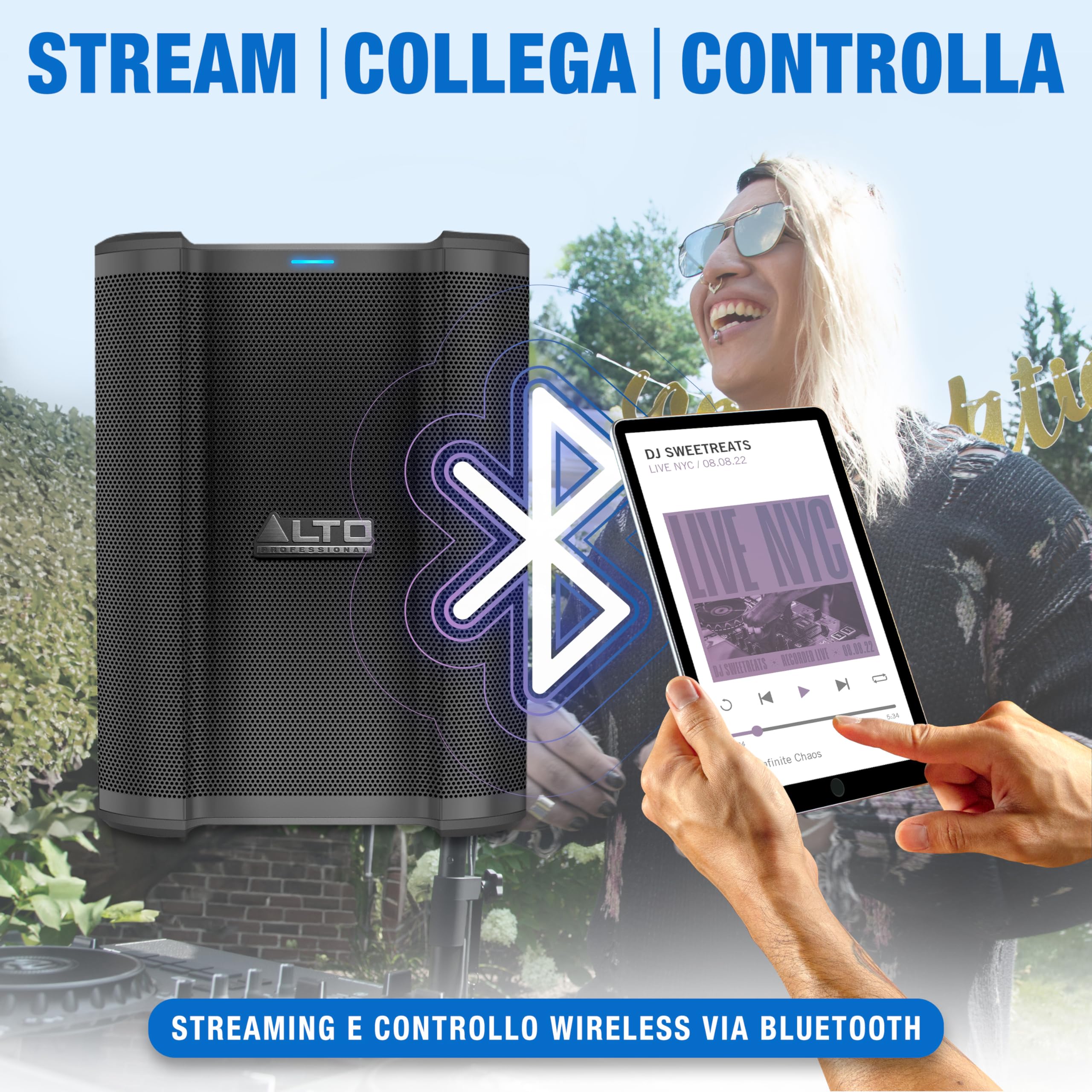 ALTO Busker Cassa Amplificata Portatile da 200W con Batteria Ricaricabile, Bluetooth, Mixer a 3 canali, Effetti Alesis, Controllo via App e Carica USB
