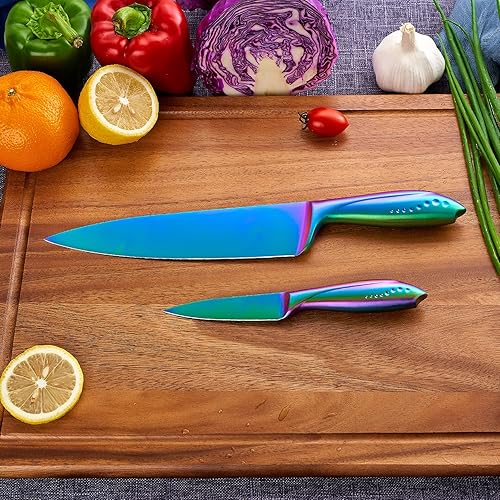 Miniatura 9 de WELLSTAR Juego de 2 cuchillos de chef, hoja de acero inoxidable alemán afilada y mango ergonómico cómodo con revestimiento de titanio arcoíris, chef