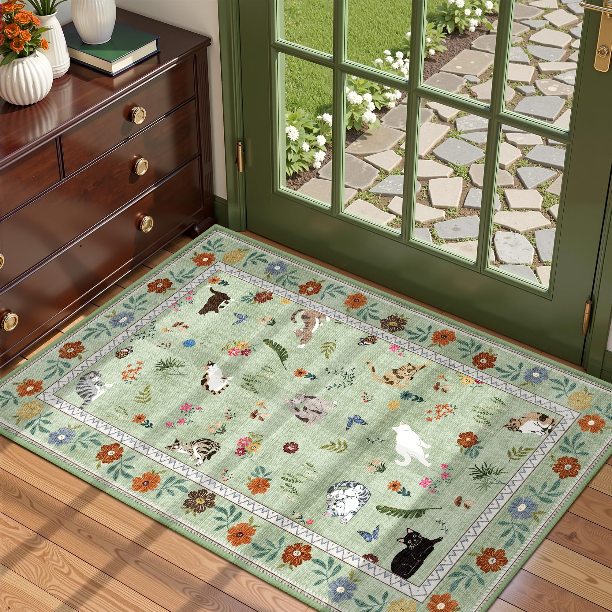AIMPEAK Green 2x3 Washable Door Mat - Non Slip Low Pile Cat Floral Boho Small Area Rug for Entryway, Kitchen, Front Door, Indoor Entrance, Kids Room Throw Rug Carpet, Green Multi