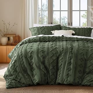 Bedsure Boho Duvet Cover Queen, Tufted Embroidery, 3-Piece, Olive Green