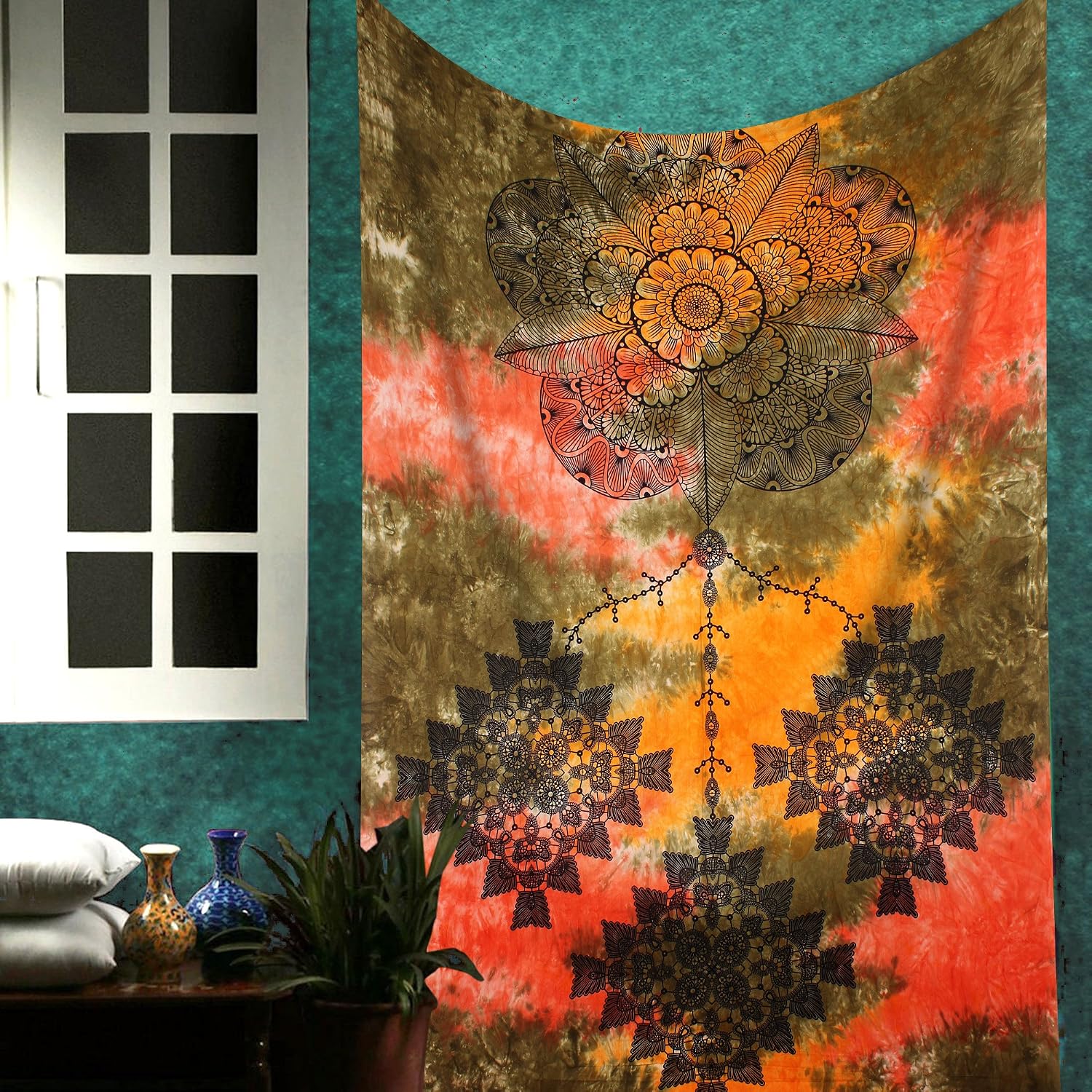 The Indian Craft Modern Art Dreamcatcher Tapestry - Oriental Bohemian Wall Hanging Hippie Bedroom Decor Boho Wall Decoration Trippy Tapestries - Multicolour - 84 x 54 Inches
