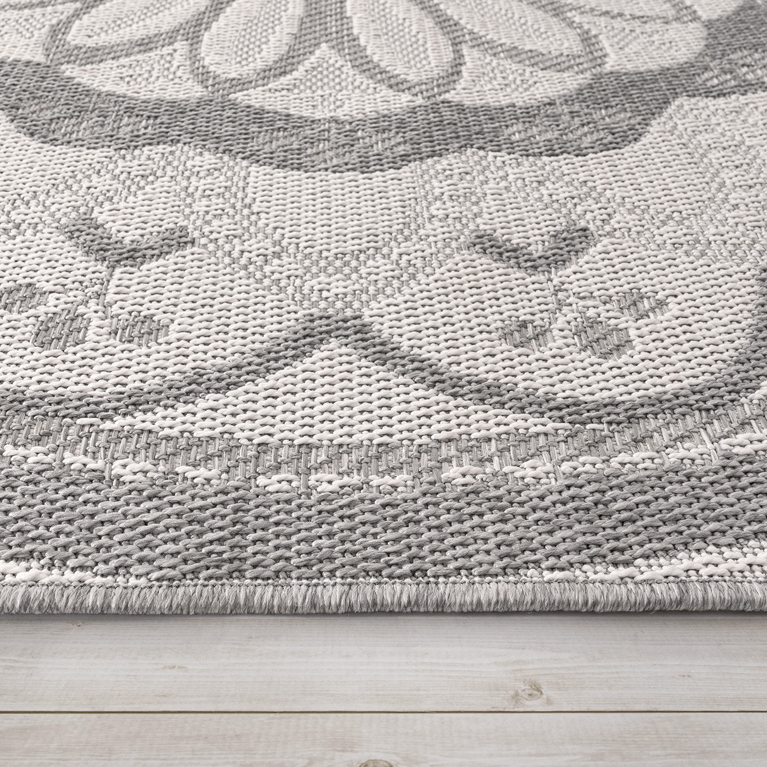 Paco Home Outdoor Teppich wetterfest & robust modernes Mandala & Boho Design pflegeleicht & flachgewebt für Balkon, Terrasse, Garten, Wohnzimmer & Küche Ethno Mandala, Grösse:160x220 cm, Farbe:Grau