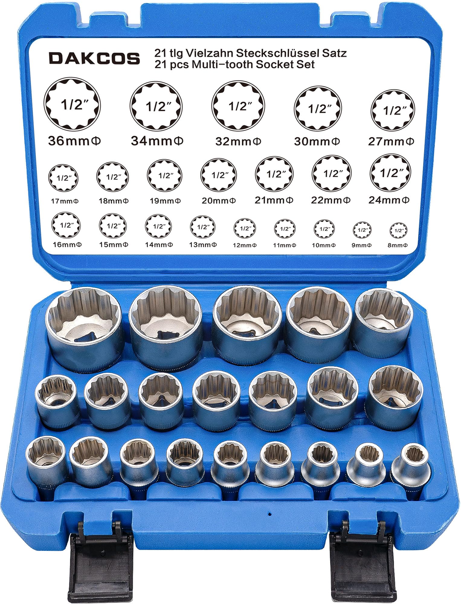 21pcs Spline Socket Set 1/2" Multi-Tooth Socket Set 12-Point, 8-36mm