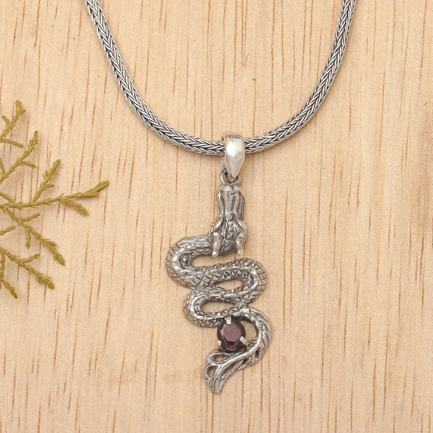 NOVICA Handmade .925 Sterling Silver Men's Pendant Necklace Dragon Garnet Red Indonesia Animal Themed Birthstone 'Young Dragon'