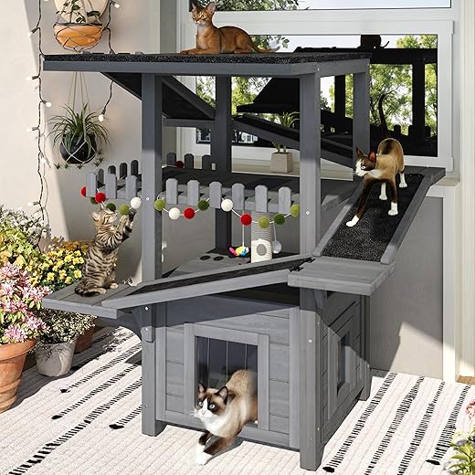 Merax 4-Tier Outdoor Cat House with Climbing Ramps & Shelter, Wooden Cat Tree with Scratching Posts & Hanging Toy, Weatherproof Roof & Multi-Level Play Structure for Garden, Patio, Grey