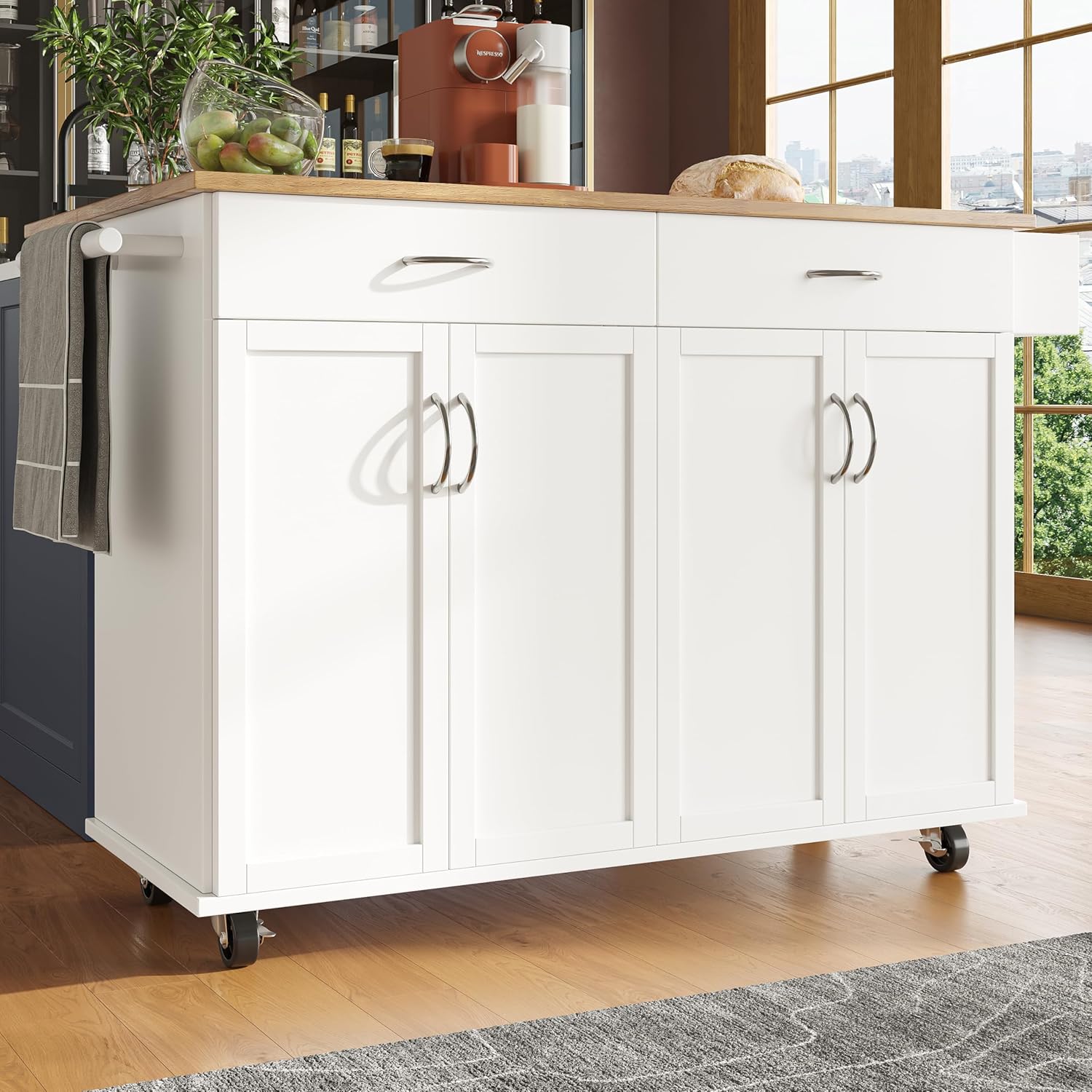 Rolling Kitchen Island Storage Trolley Large Cabinet 2 Drawers Adjustable Shelf Spice & Towel Rack Sideboard Cart Dining Room nizer White Kitchen Furniture