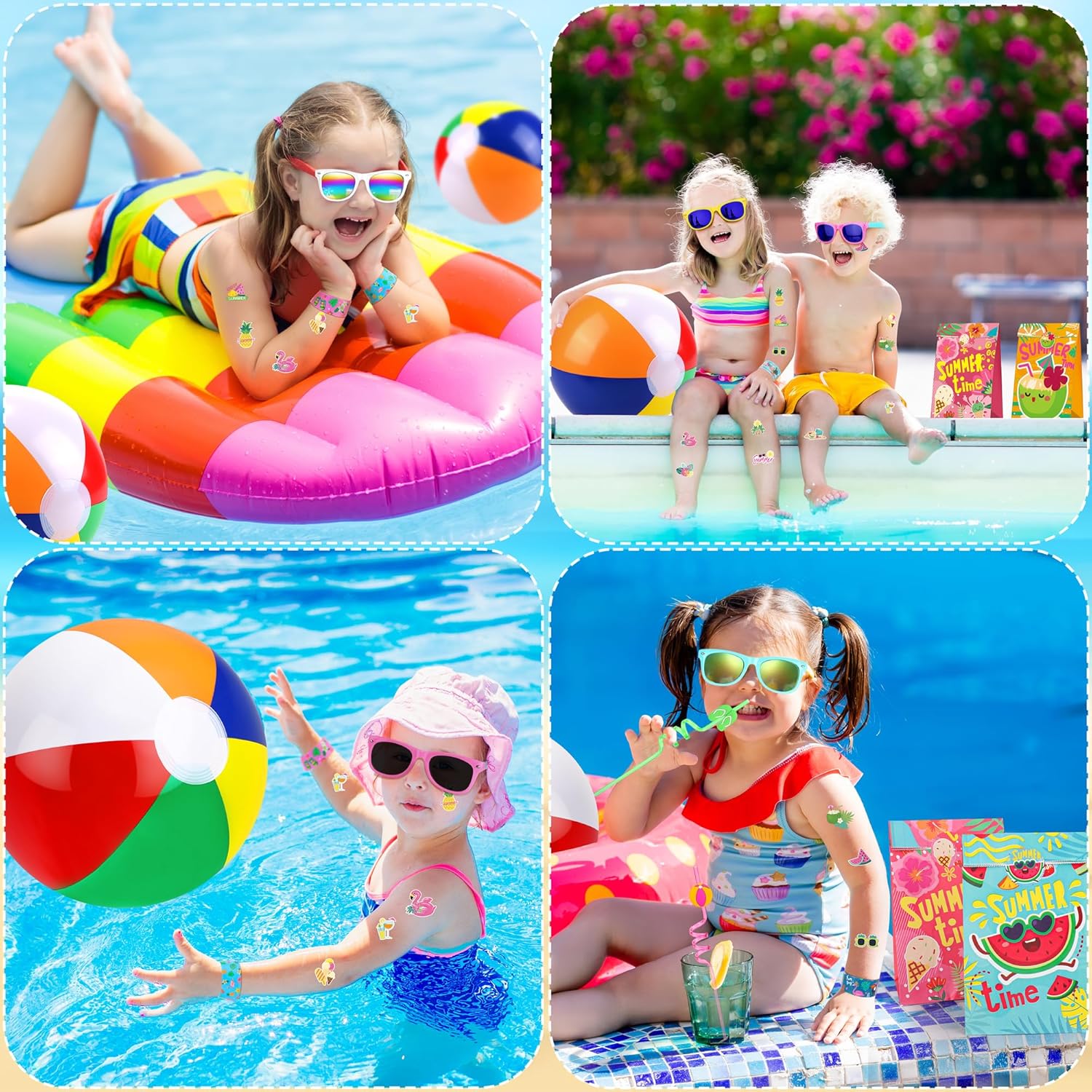 Elcoho 144 Pieces Pool Party Favors Beach Toys Including Inflatable Beach Ball, Sunglasses, Paper Bag Straw Tattoo Slap Bracelet Beach Summer Party Favors for Birthday Graduate Pool Party Age 4-12