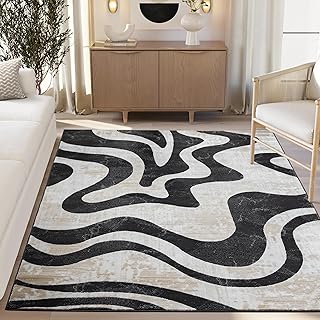 Beige Black Swirl Modern Area Rug – 5' x 8' – Contemporary Abstract Desi...
