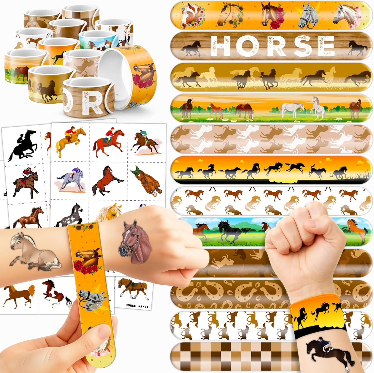 72PCS Horse Party Favors – 48 Pre-cut Temporary Tattoos & 24 Slap Bracelets, Perfect for Horse-Themed Birthdays, School Prizes, and Christmas Rewards for Kids