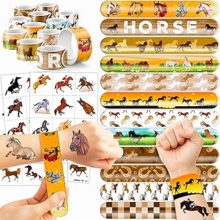 72PCS Horse Party Favors - 48 Pre-cut Temporary Tattoos & 24 Slap Bracelets, Perfect for Horse-Themed Birthdays, School Prizes, and Christmas Rewards for Kids