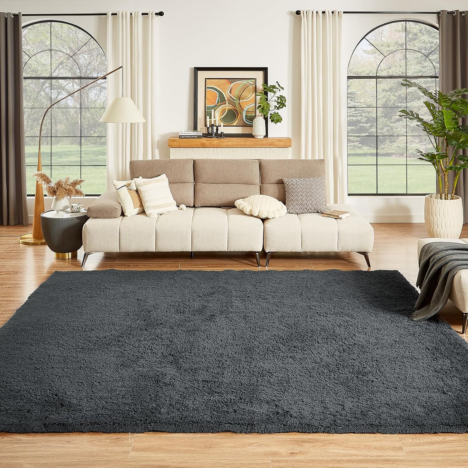 floralux area rugs 9x12 living room, dark grey, large shag rug bedroom rug, ultra soft shaggy fluffy carpet for playroom, plush modern carpets for kids room, dorm home decor aesthetic dark grey 9' x 12' (rectangular)