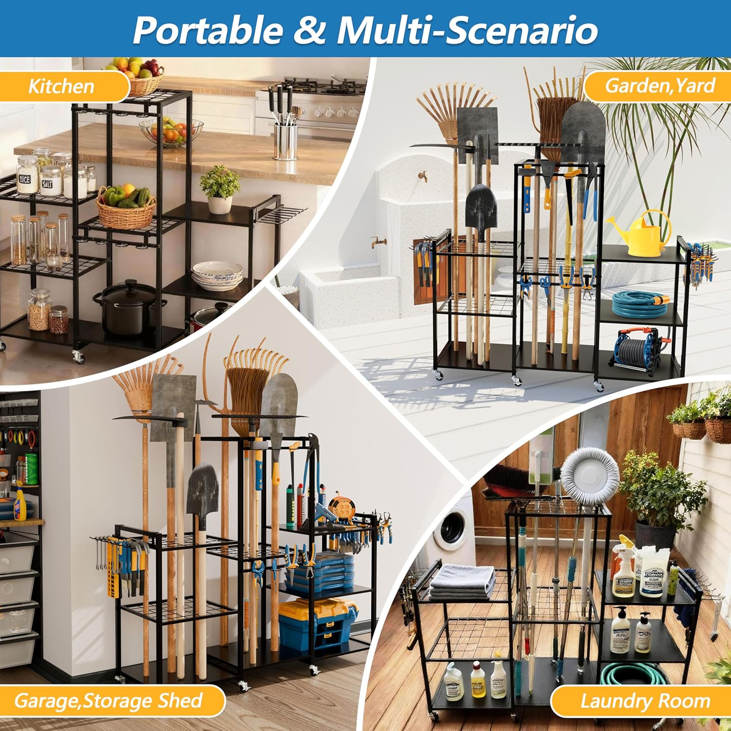 ROGMARS Garden Tool Organizer with Wheels for Garage,49" Heavy Duty 3 Tier Yard Tool Holder Storage Rack with Large Hooks for Shed/Yard/Broom/Lawn/Long-Handled Garden Cart