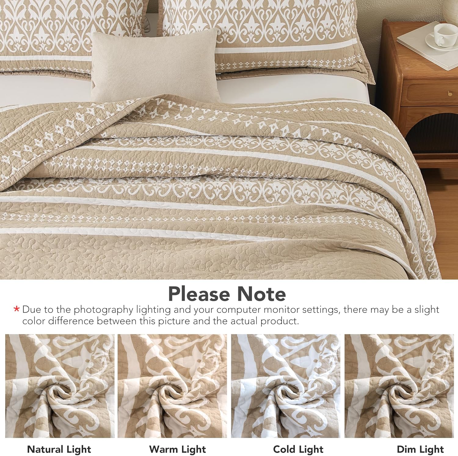Boho Brown Striped King Quilt Set - 100% Cotton Quilt King Size Bohemian Pattern King Bedspread Lightweight All Season 3 Piece, Warm Taupe & White (106×98'')
