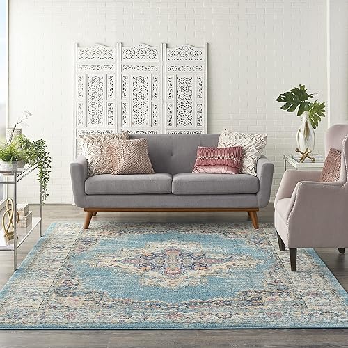 Nourison Passion Light Blue 8' x 10' Area-Rug, Boho, Traditional, Easy-Cleaning, Non Shedding, Bed Room, Living Room, Hallway (8x10)